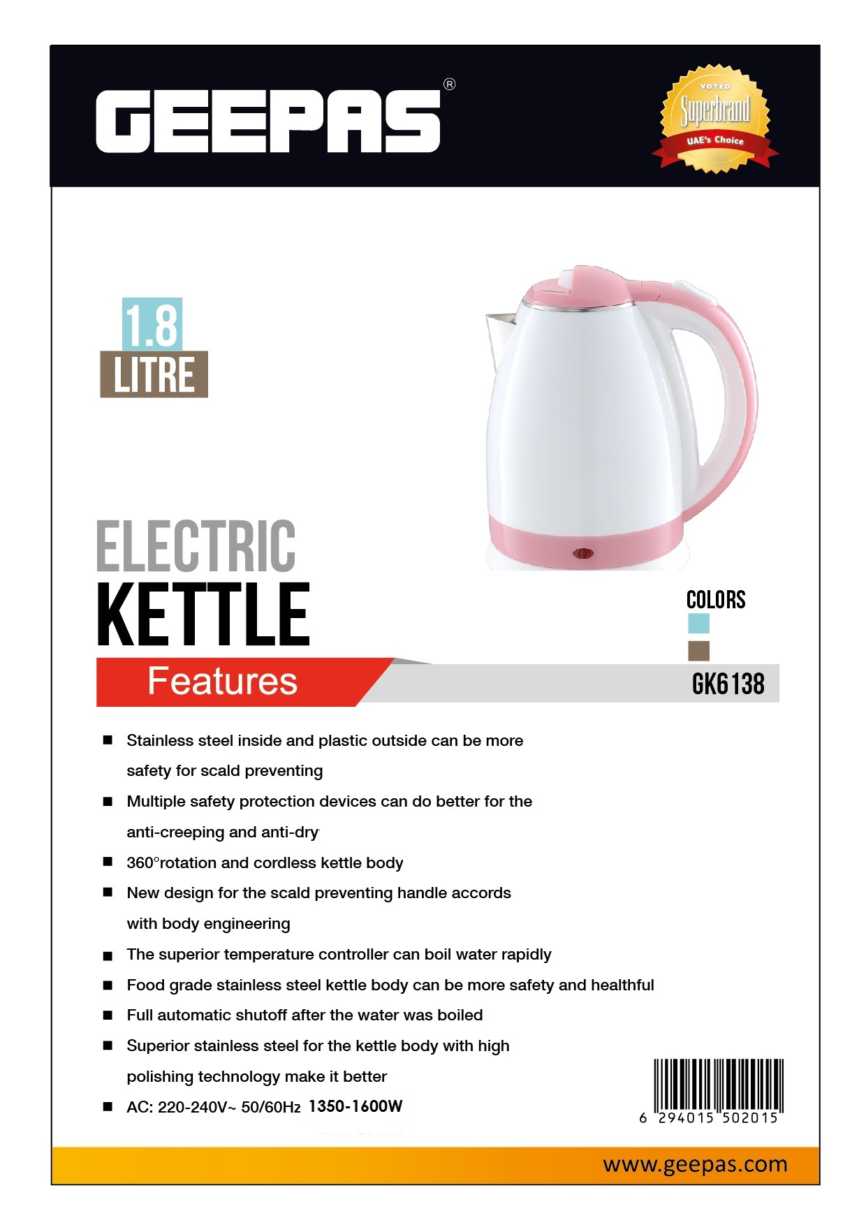 1.8L Electric Kettle Cordless 360 Swivel Base Protects Dry Boil Fast Boil  2200W