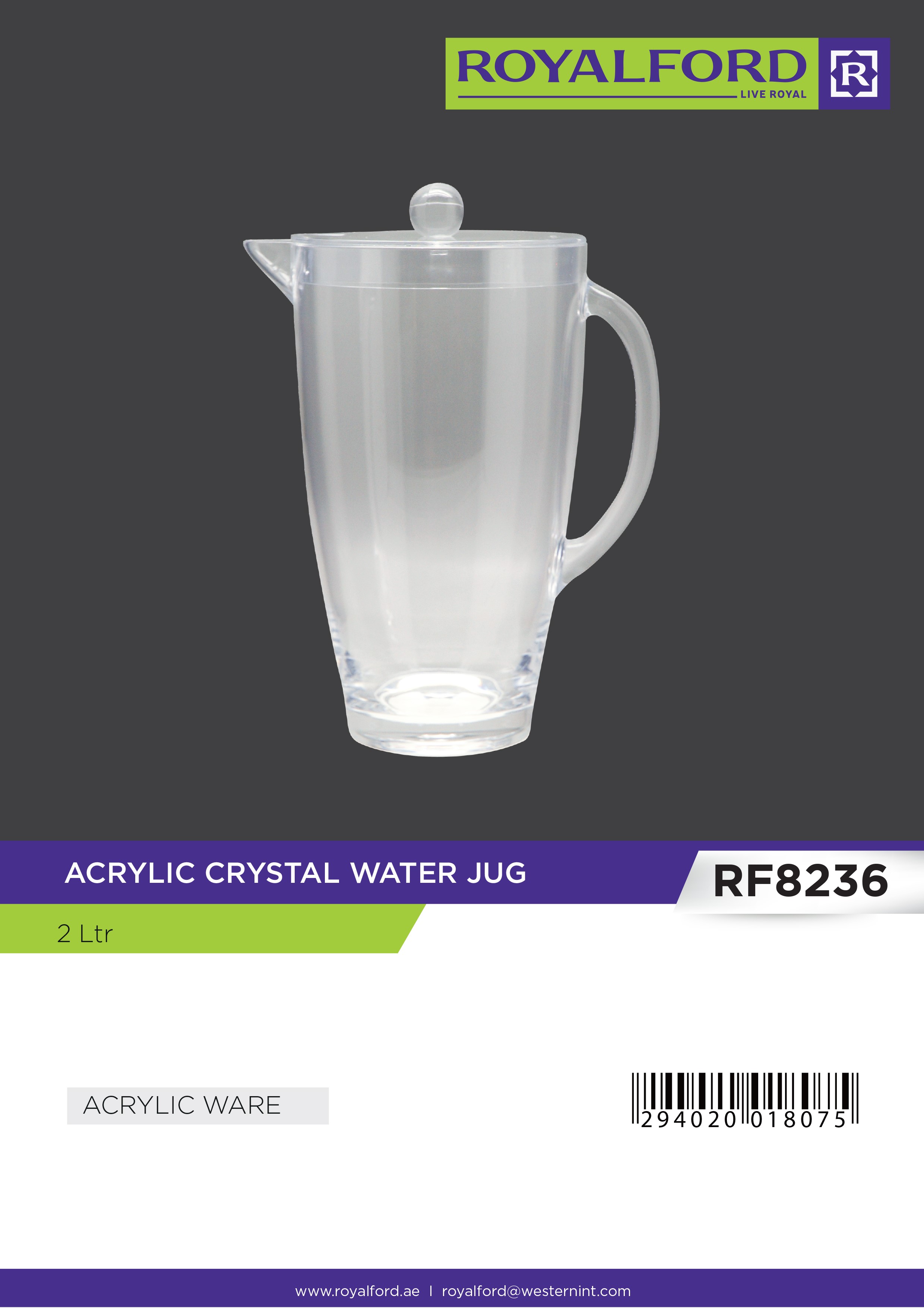 Royalford RF345N 2L Acrylic Jug - Acrylic Plastic Large Drink Jug with  Comfortable Handles & Leak Proof Lid