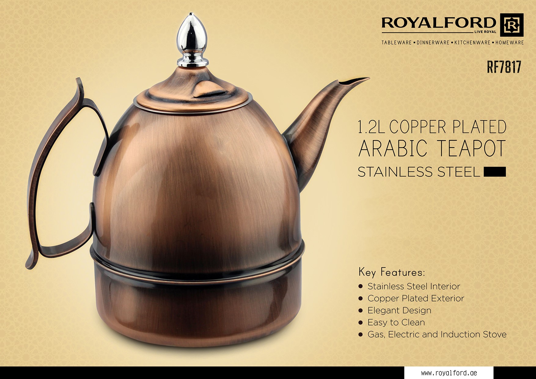 1.2 L S S Coper Plated Arabic Teapot - Copper Plated Stainless Steel Tea  Kettle Teapot Stovetop - No-Rust Quick Heat Distribution, for Home Kitchen,  Metallic Copper Color