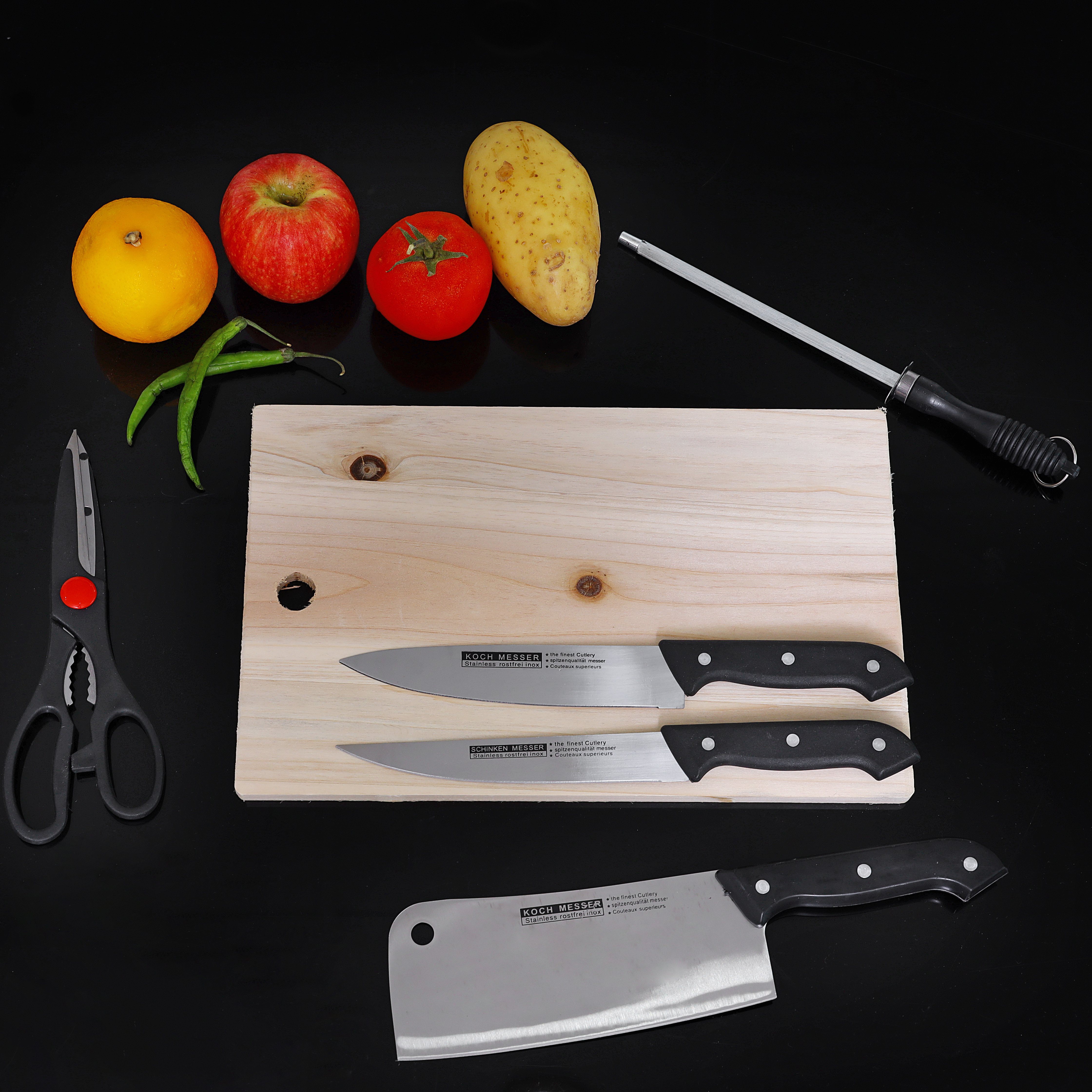 Stainless Steel Kitchen 5-Pcs Knife Set with Wooden Chopping Board