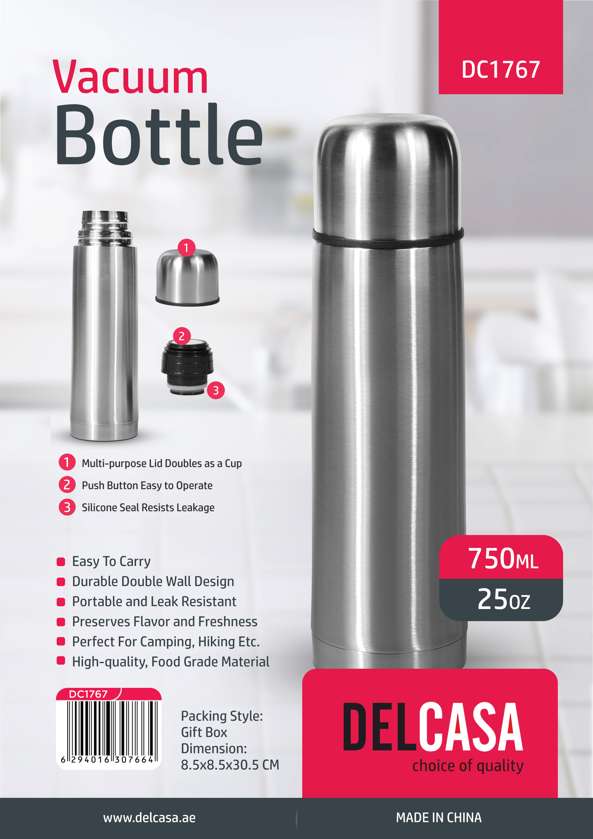 Stainless Steel Sports Water Bottle I Push Button Cap (750 ml)