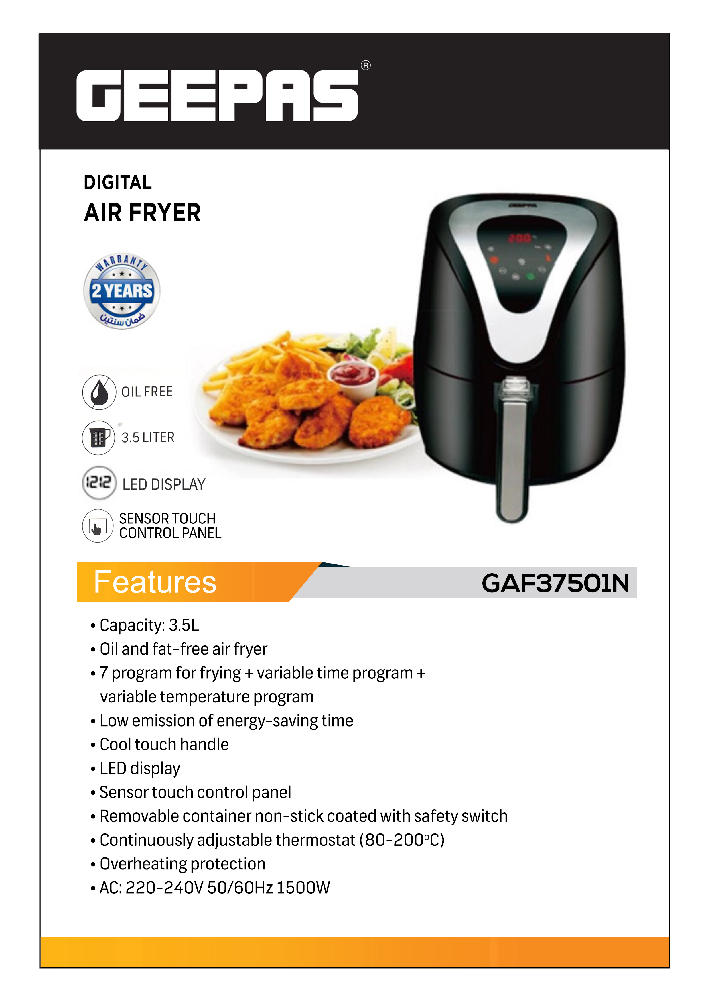 Geepas GAF37501 1500W Digital Air Fryer 3.5L- Hot Air Circulation  Technology for Oil Free Low
