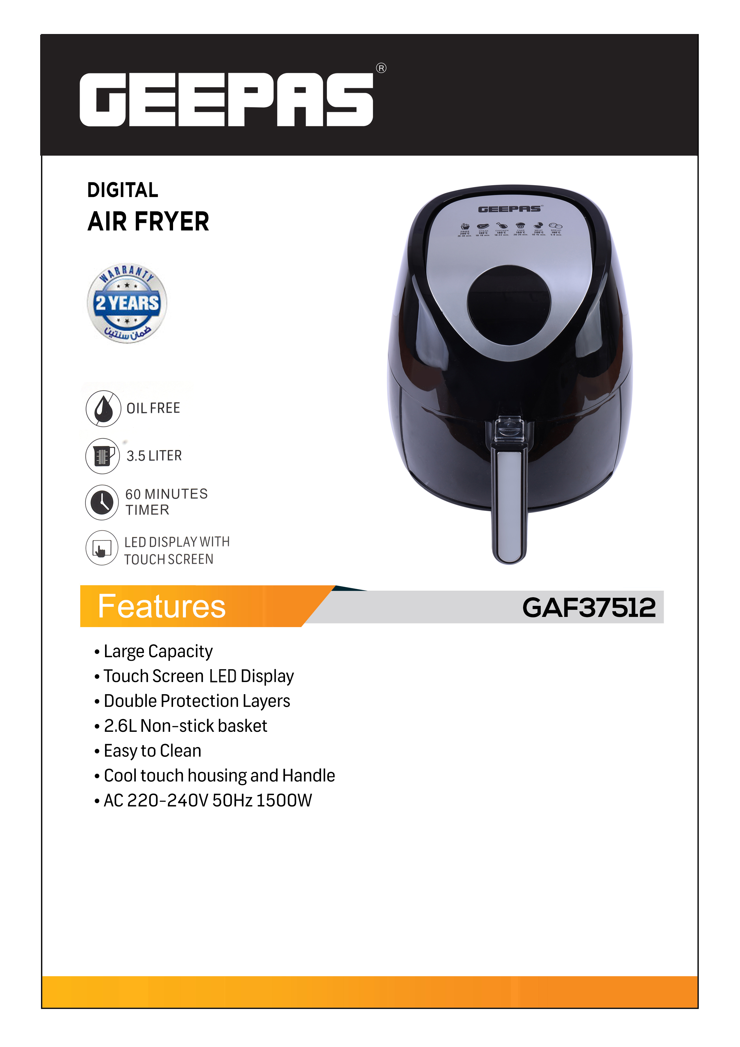 Buy Geepas GAF37512N Air Fryer Non Stick Coating 3.5L 1500W Black