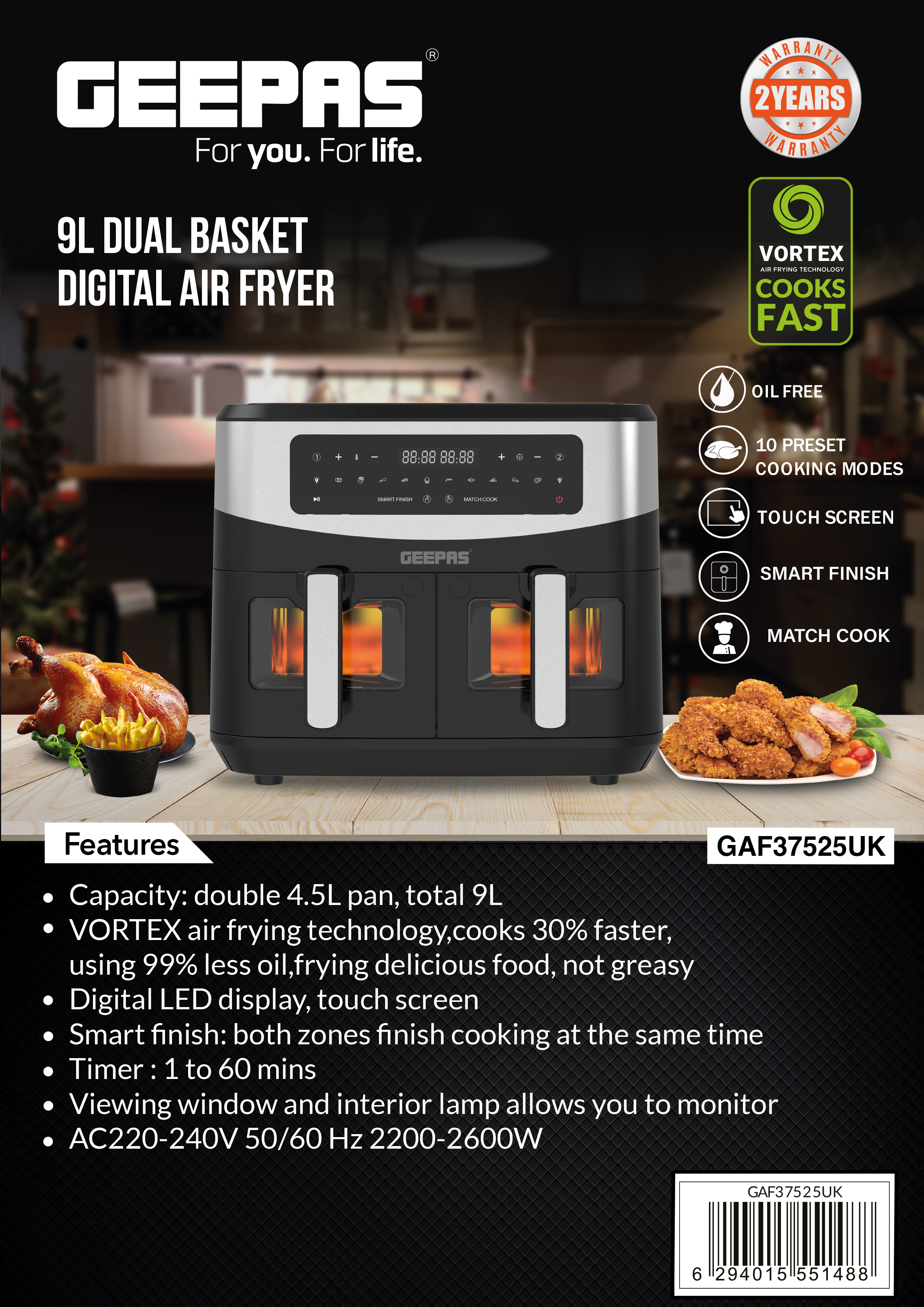 Double Basket Air Fryer Oven Digital Cooker 9L Timer Oil Free Frying 2600W