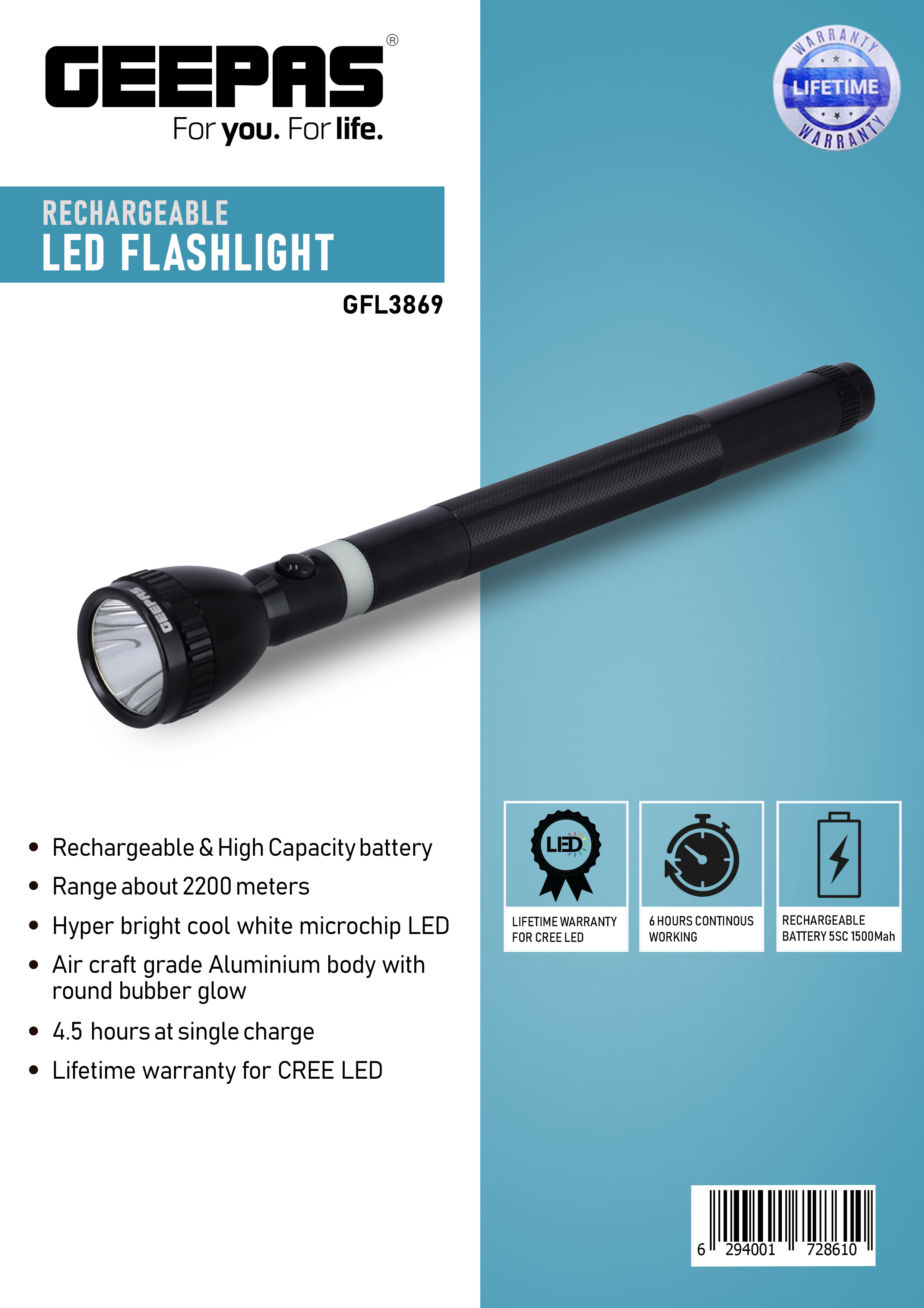 Geepas GFL4642, Rechargeable LED Flashlight Geepas, 1800 Meter Range, Black  price in UAE,  UAE