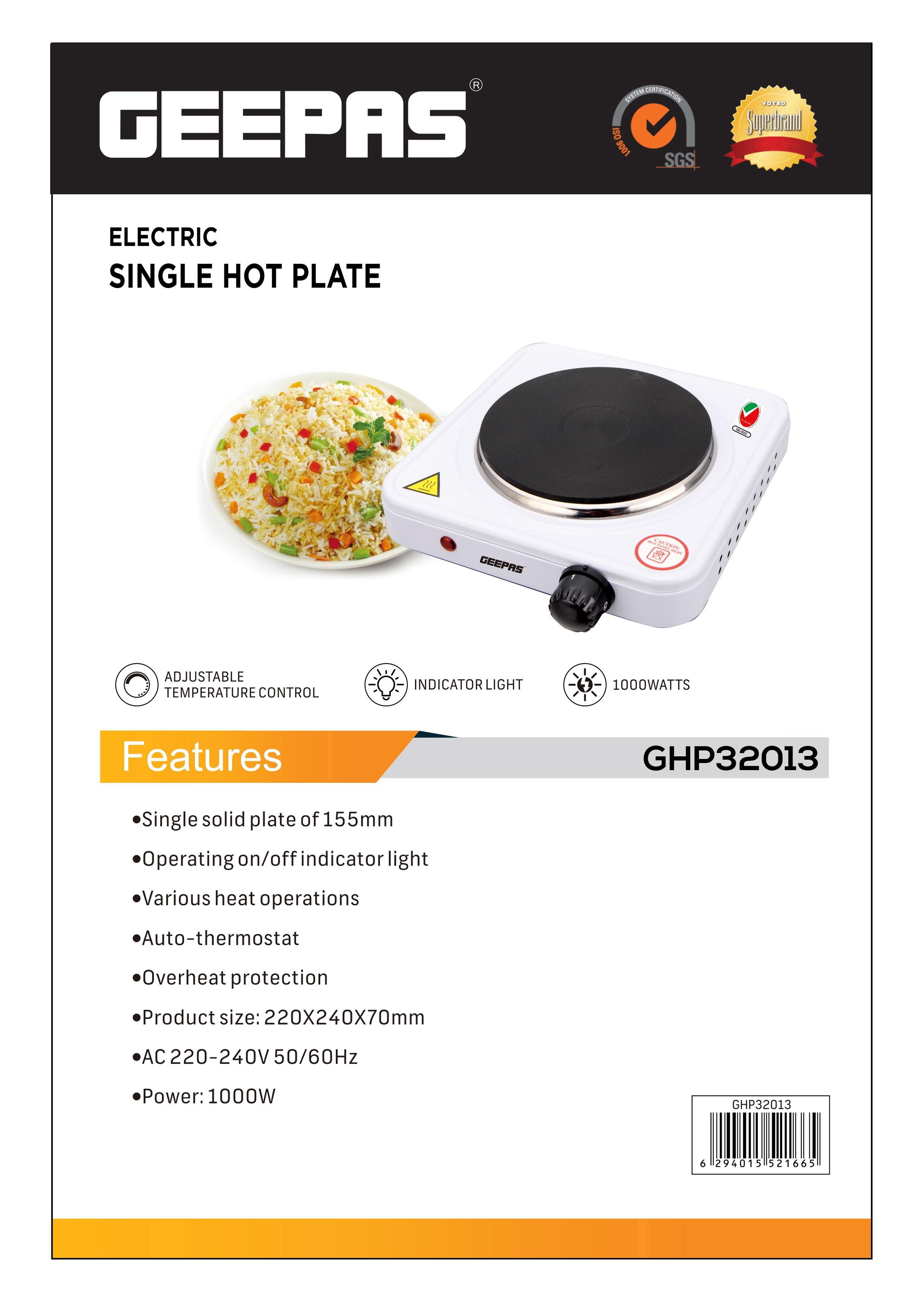 Geepas 1000W Single Hot Plate for Flexible & Precise Table Top Cooking -  Cast Iron Heating Plate - Portable Electric Hob with Temperature Control