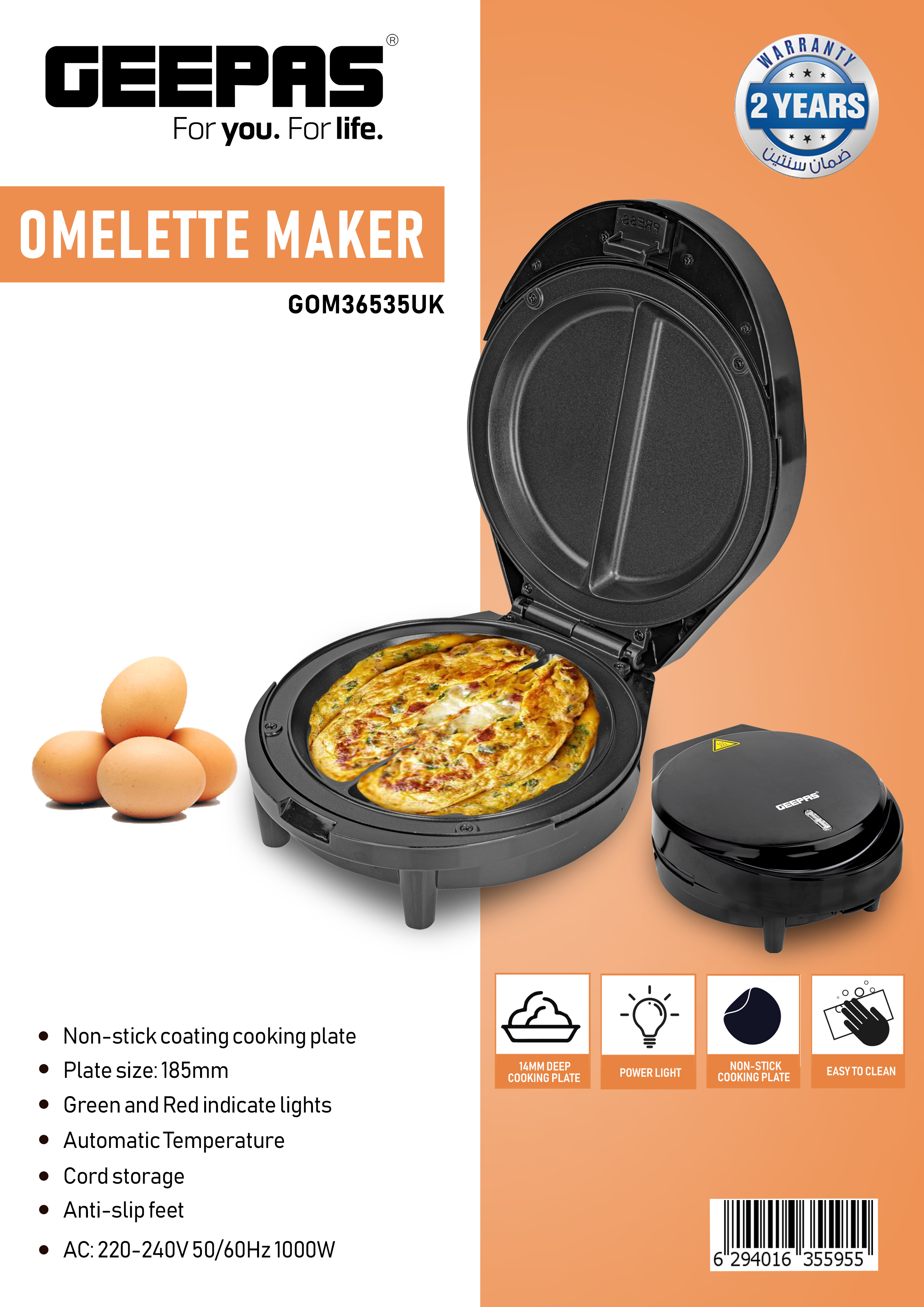 Geepas 1000W Omelette Maker Dual Electric Non-Stick Egg Cooker