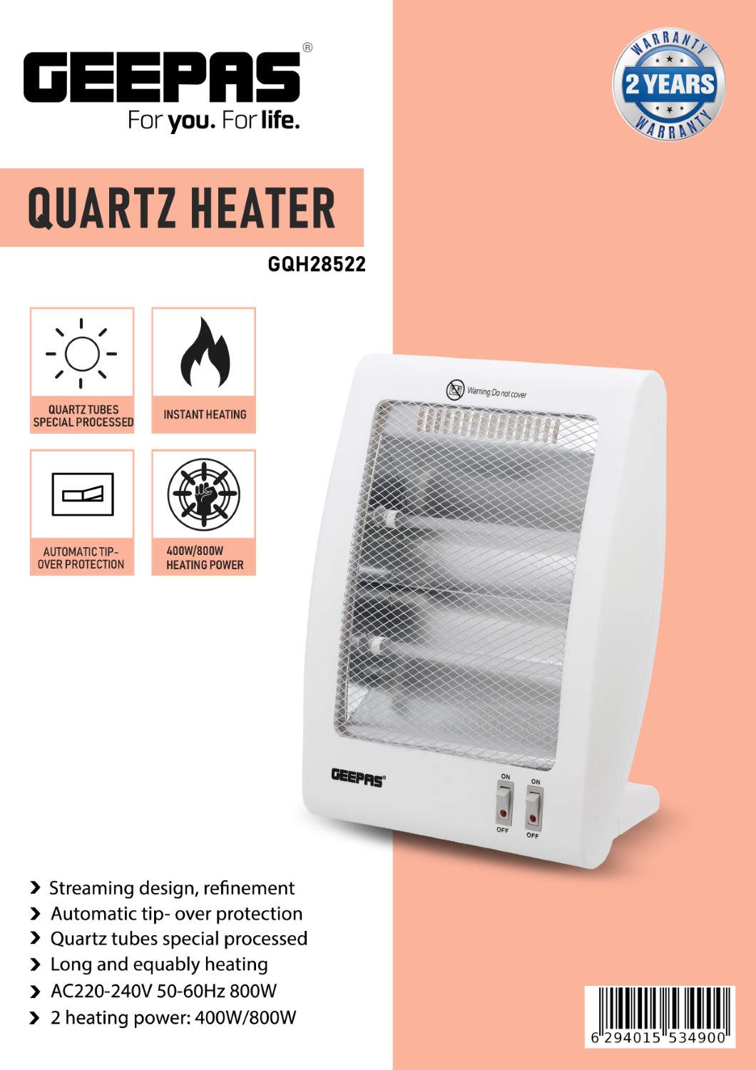 Electric Quartz Room & Office Heater 400W to 800W with safety tip