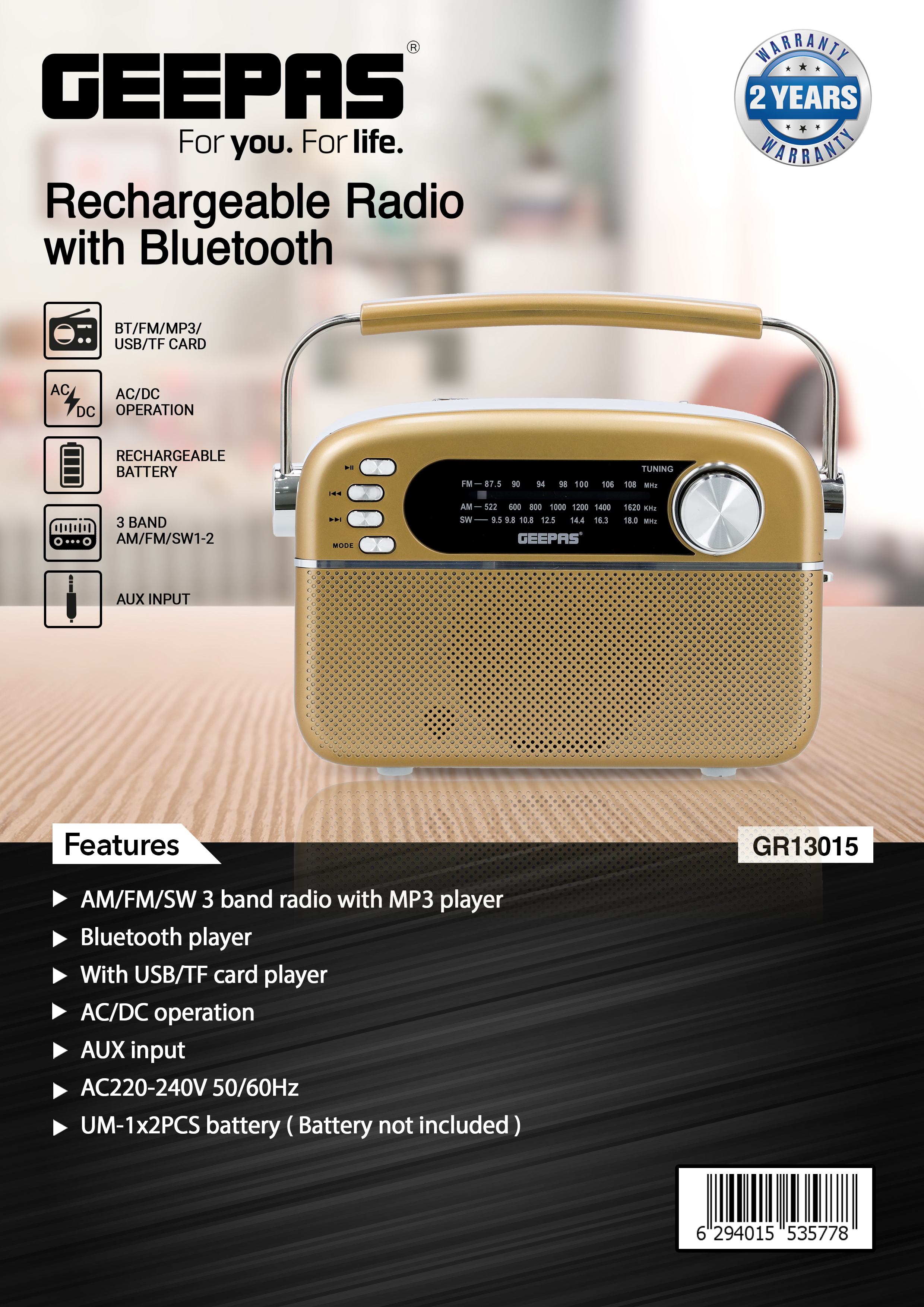 Rechargeable AM/FM Bluetooth Radio with USB/SD/TF MP3 Player