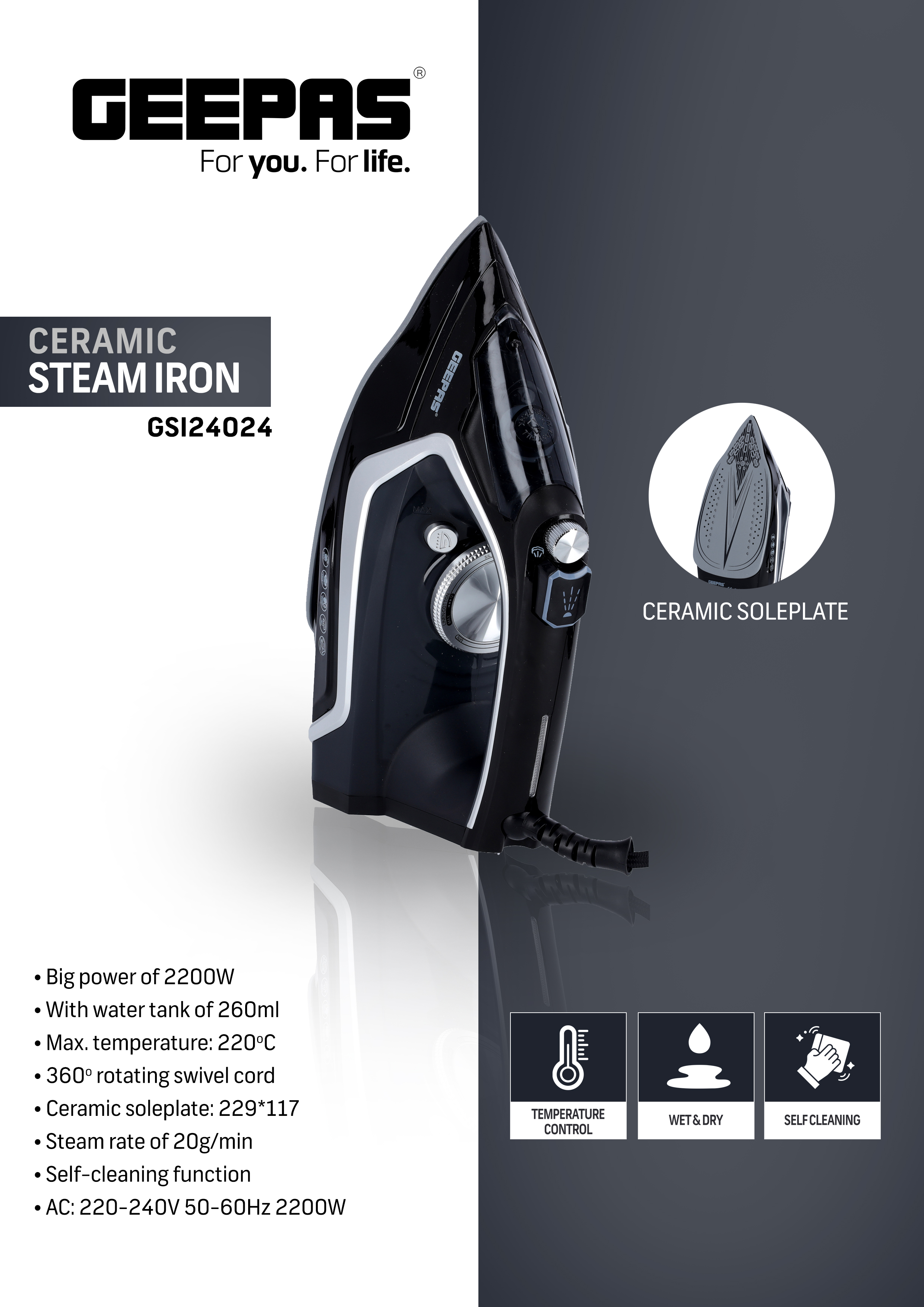 Adjustable Temperature Control Steam Function with Ceramic Coating Plate 2 Year Warranty Geepas 2200W Steam Iron for Crisp Ironed Clothes
