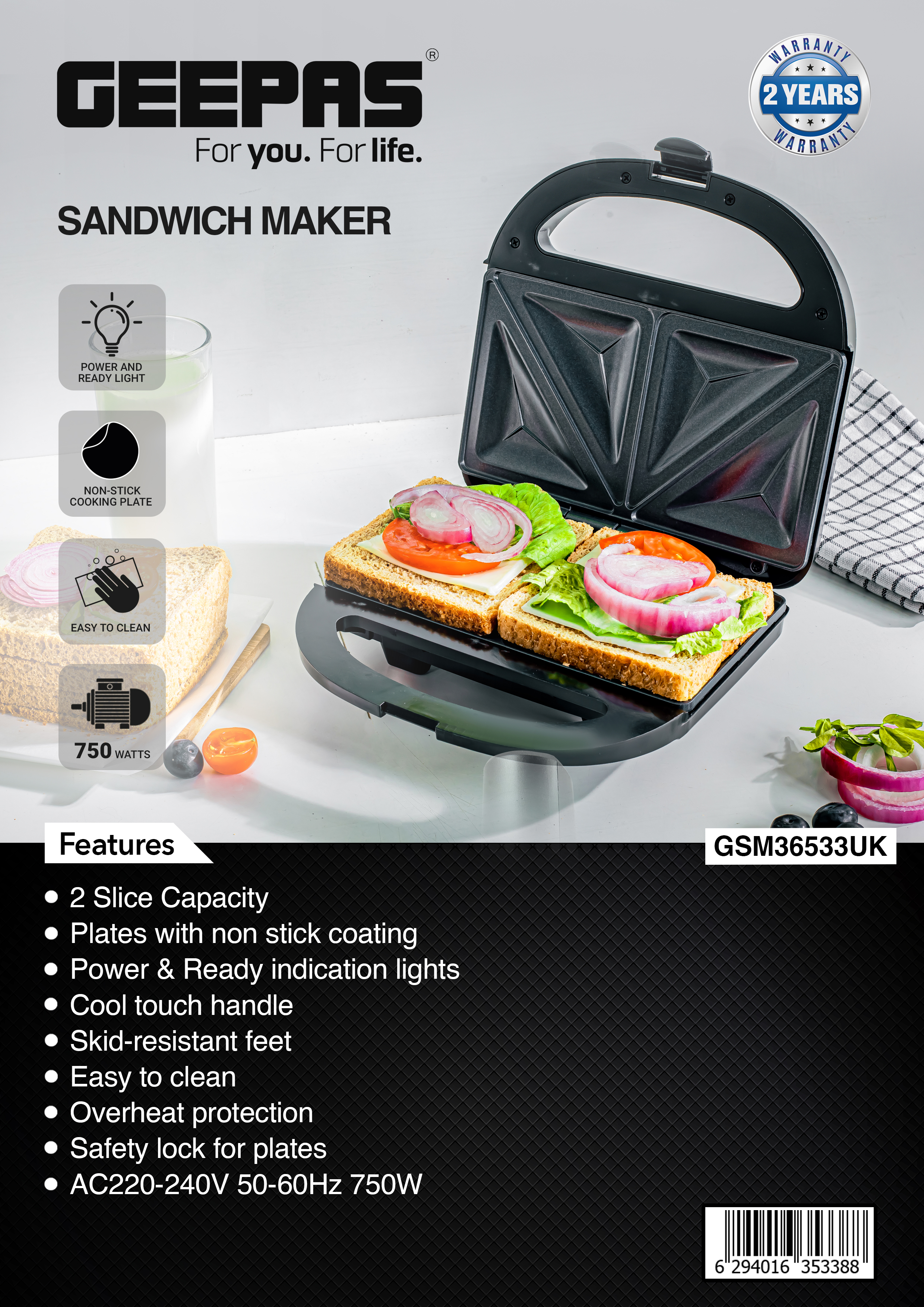 Sandwich Maker, 3 in 1 Waffle Maker, Grill, 750W, LED Indicator Lights,  Cool Touch Handle, Anti-Skid Feet, Detachable Non-stick Coating, Easy to