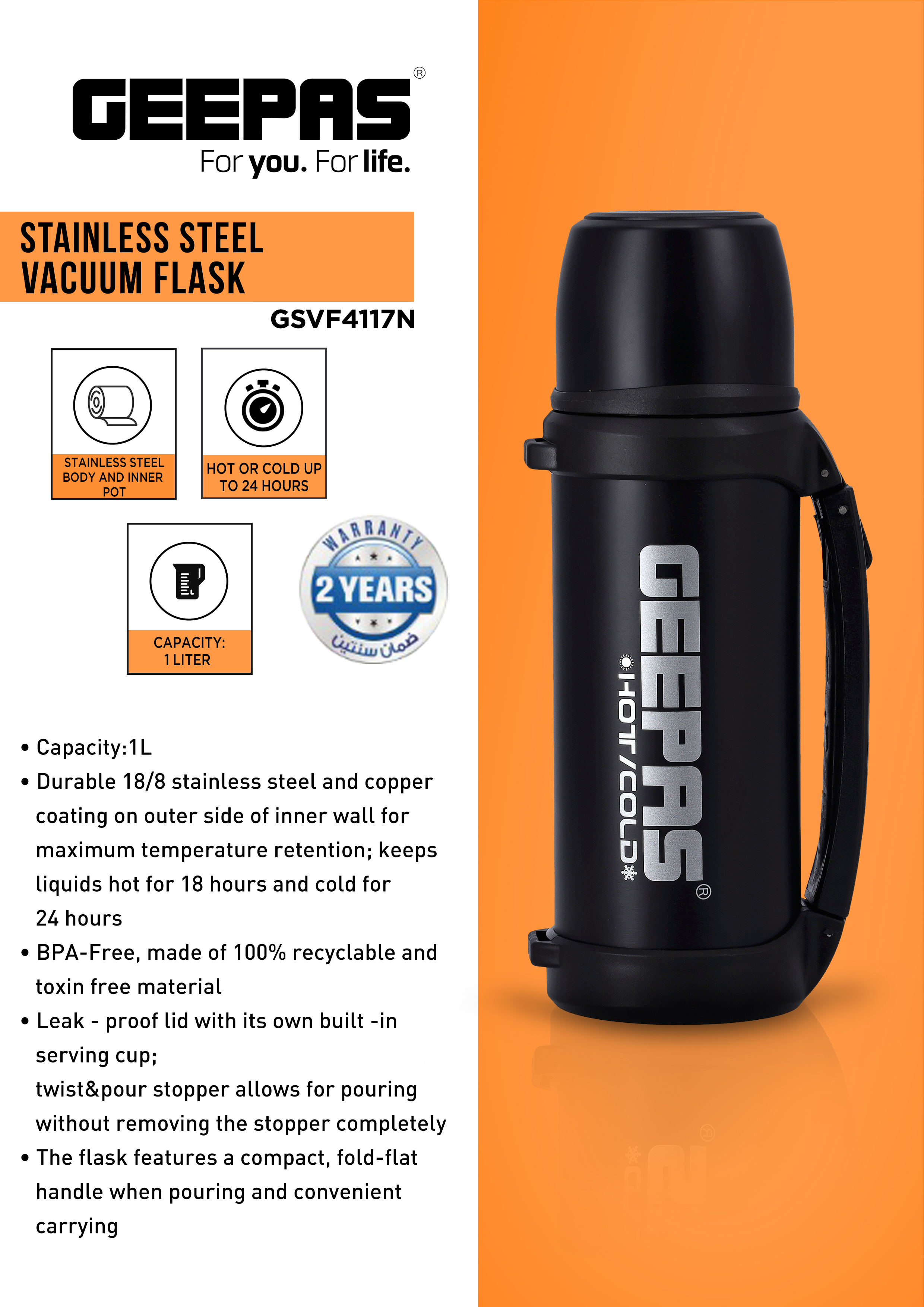 Buy Geepas 1L Vacuum Flask - Heat Insulated Thermos For Keeping