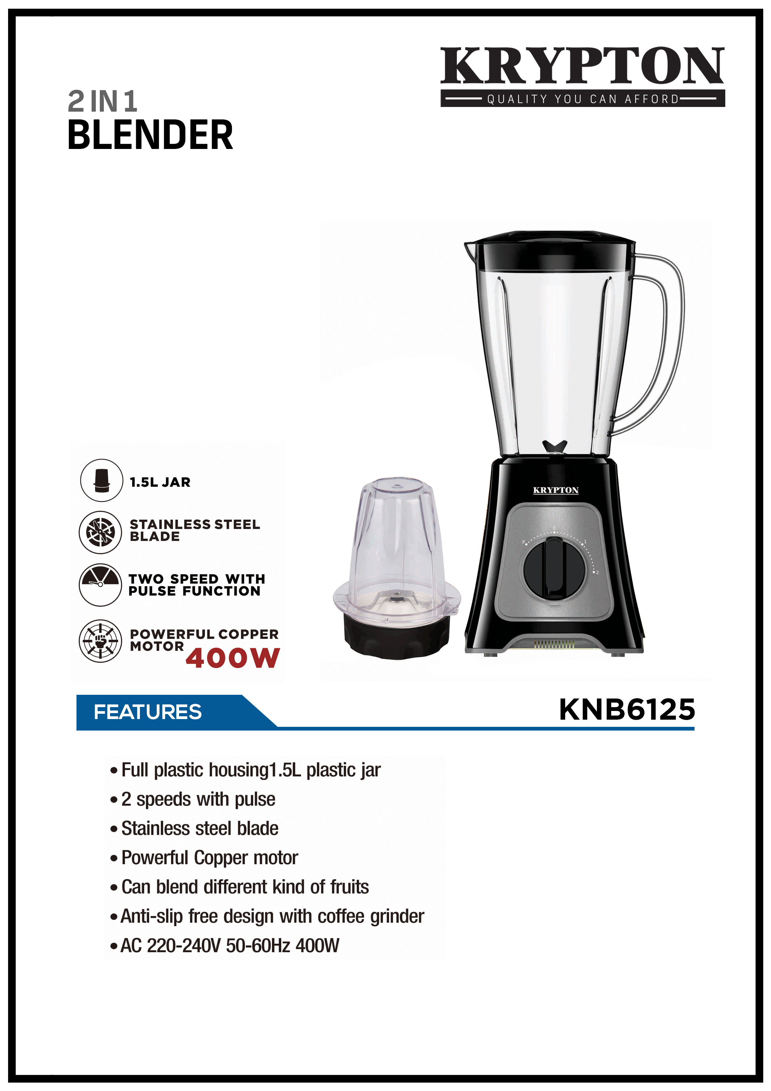 2 in1 Blender/1.5L Glass Jar/2Speed 1x4