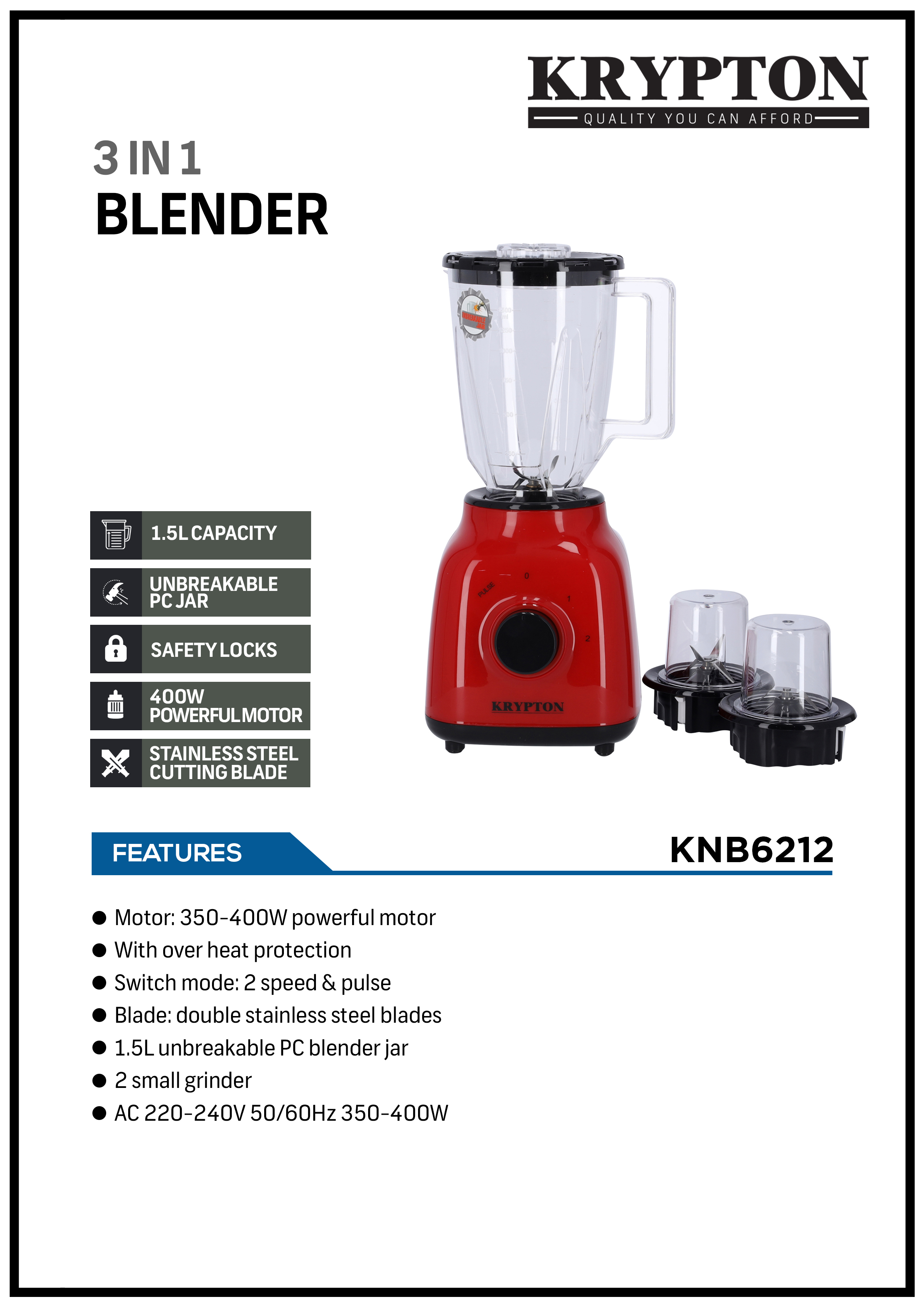 400W Glass Jar Blender with 2 Mills