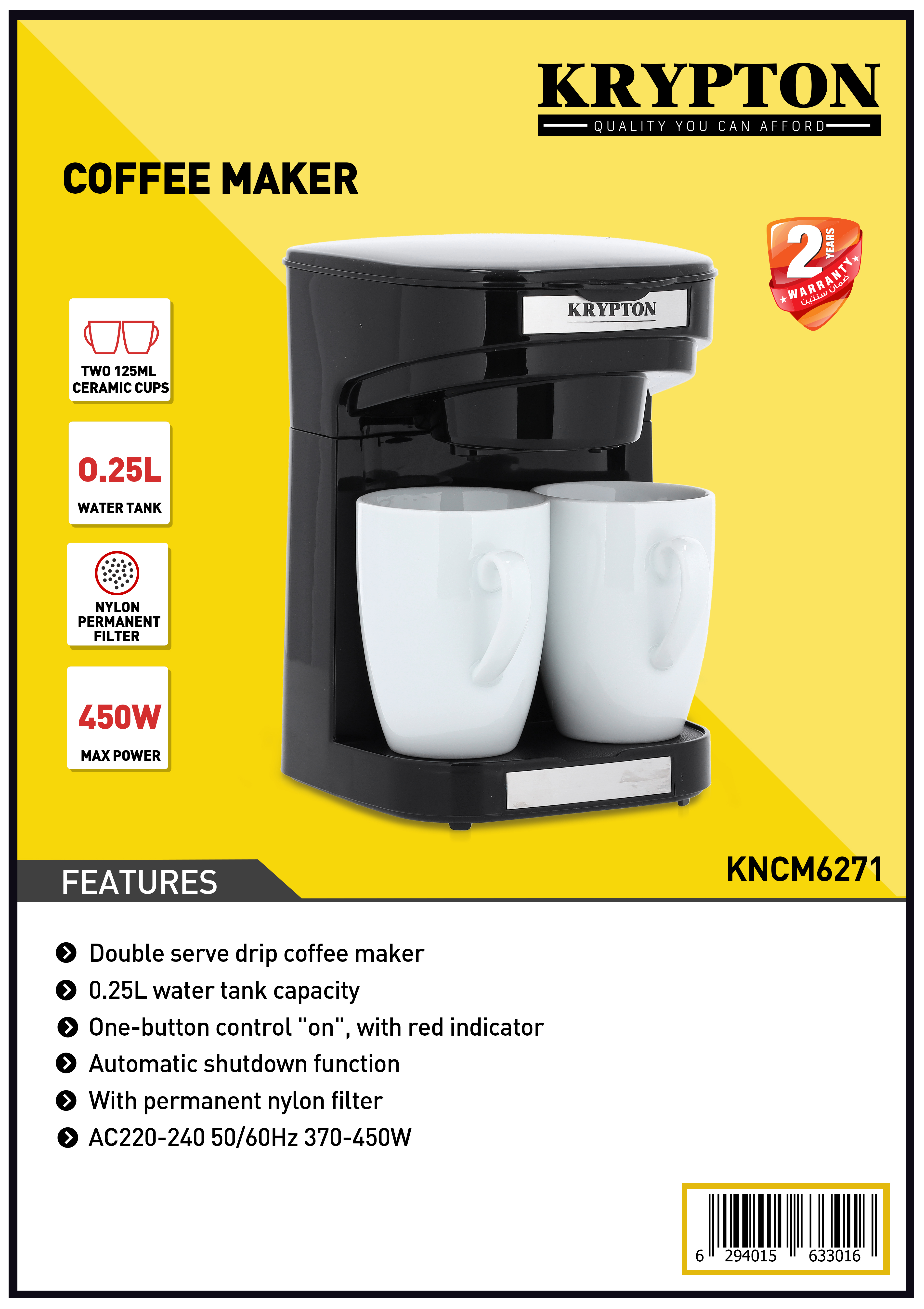 Coffee Maker, Filter Coffee, 0.25 l, 2 Cups