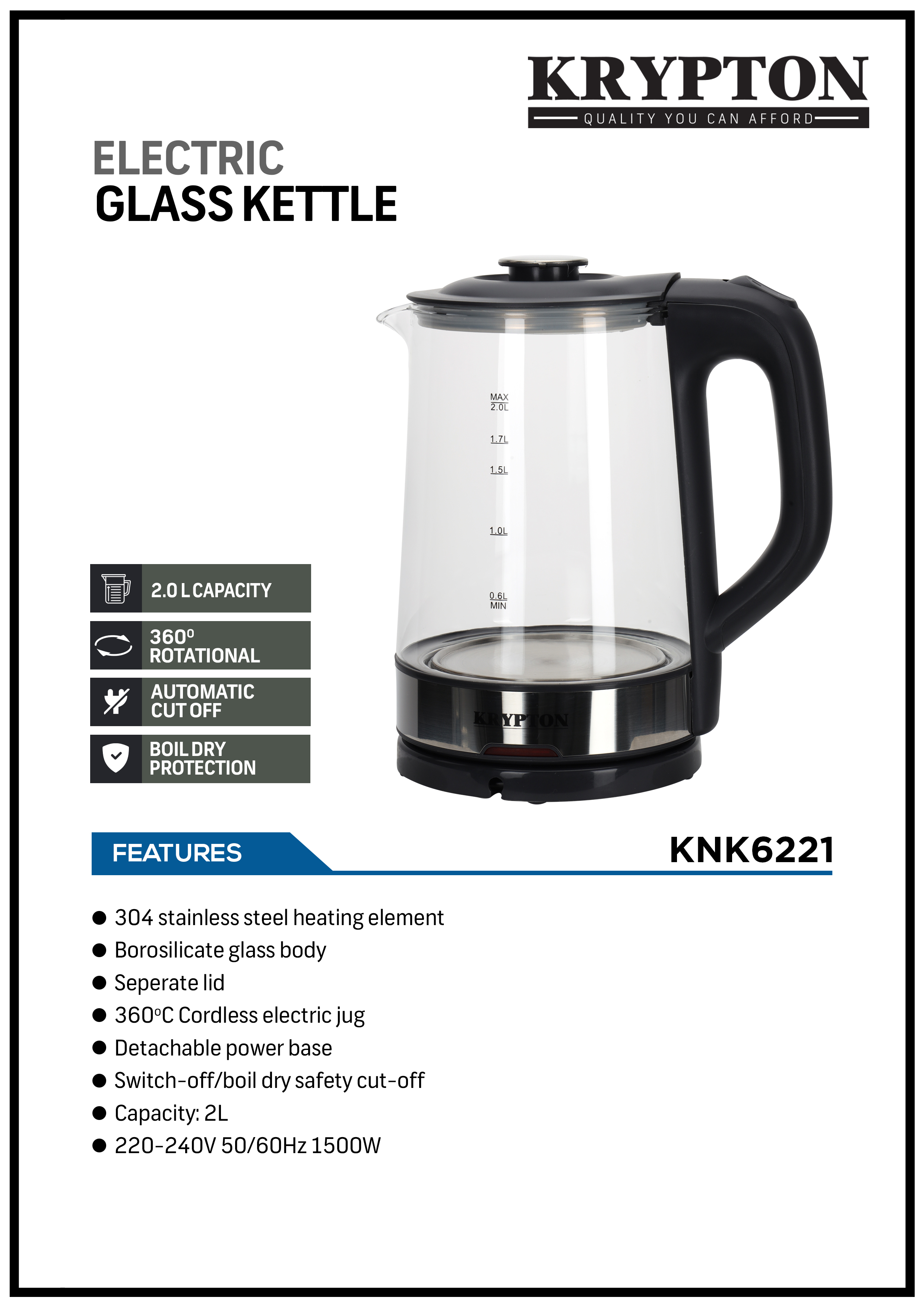 High Borosilicate Glass 1.8L/2.0L Stainless Steel Electric Kettle