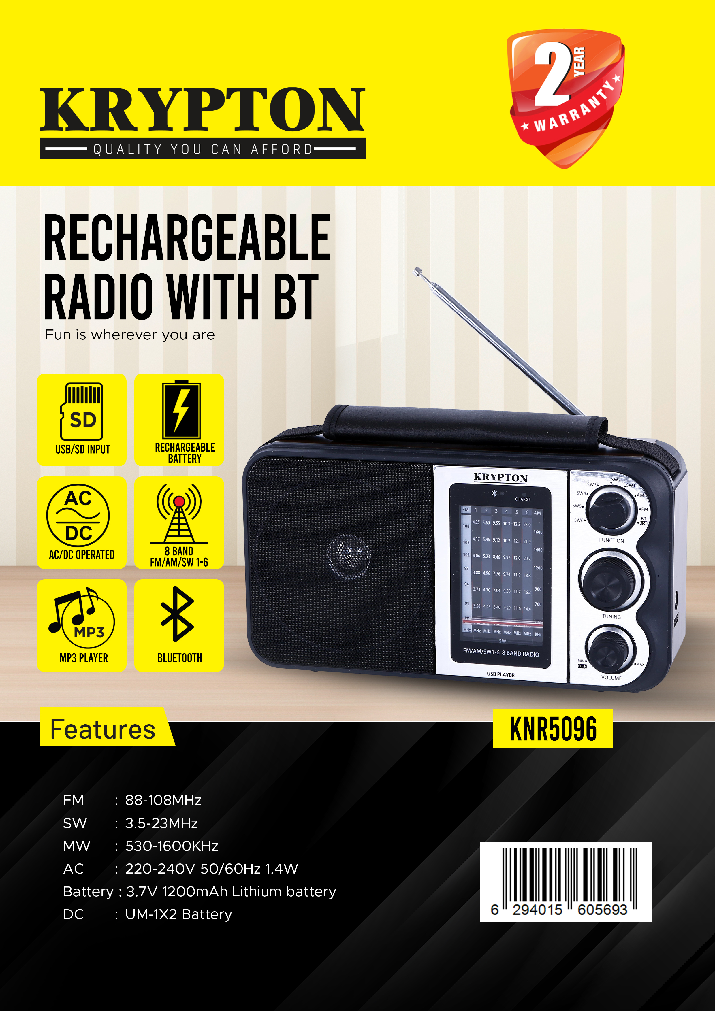 Radio multibanda USB/SD recargable
