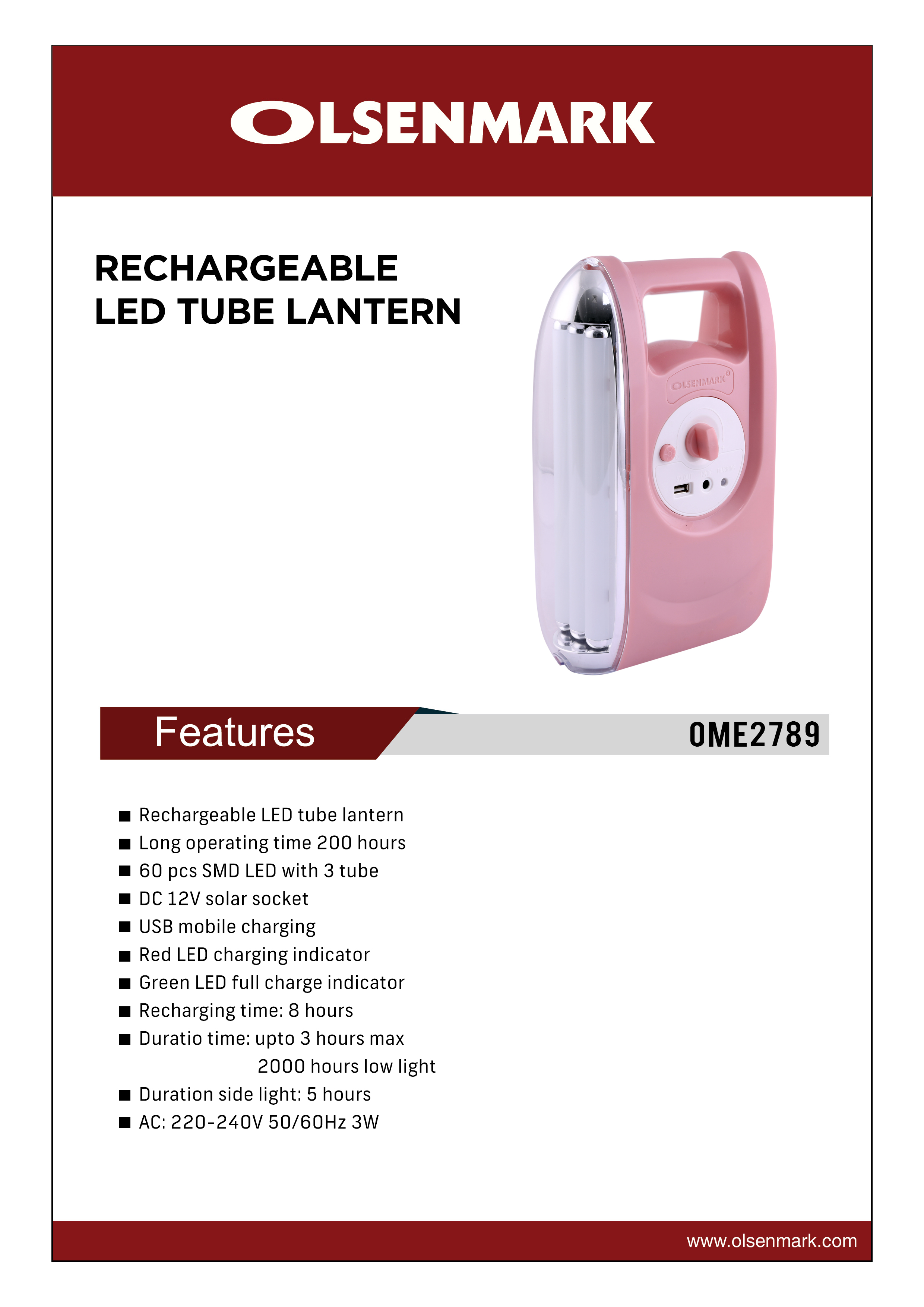 Buy Olsenmark Rechargeable Led Tube Lantern - 60Pcs Smd Led With 3 Tube  Light - Powerbank Function Online in UAE - Wigme