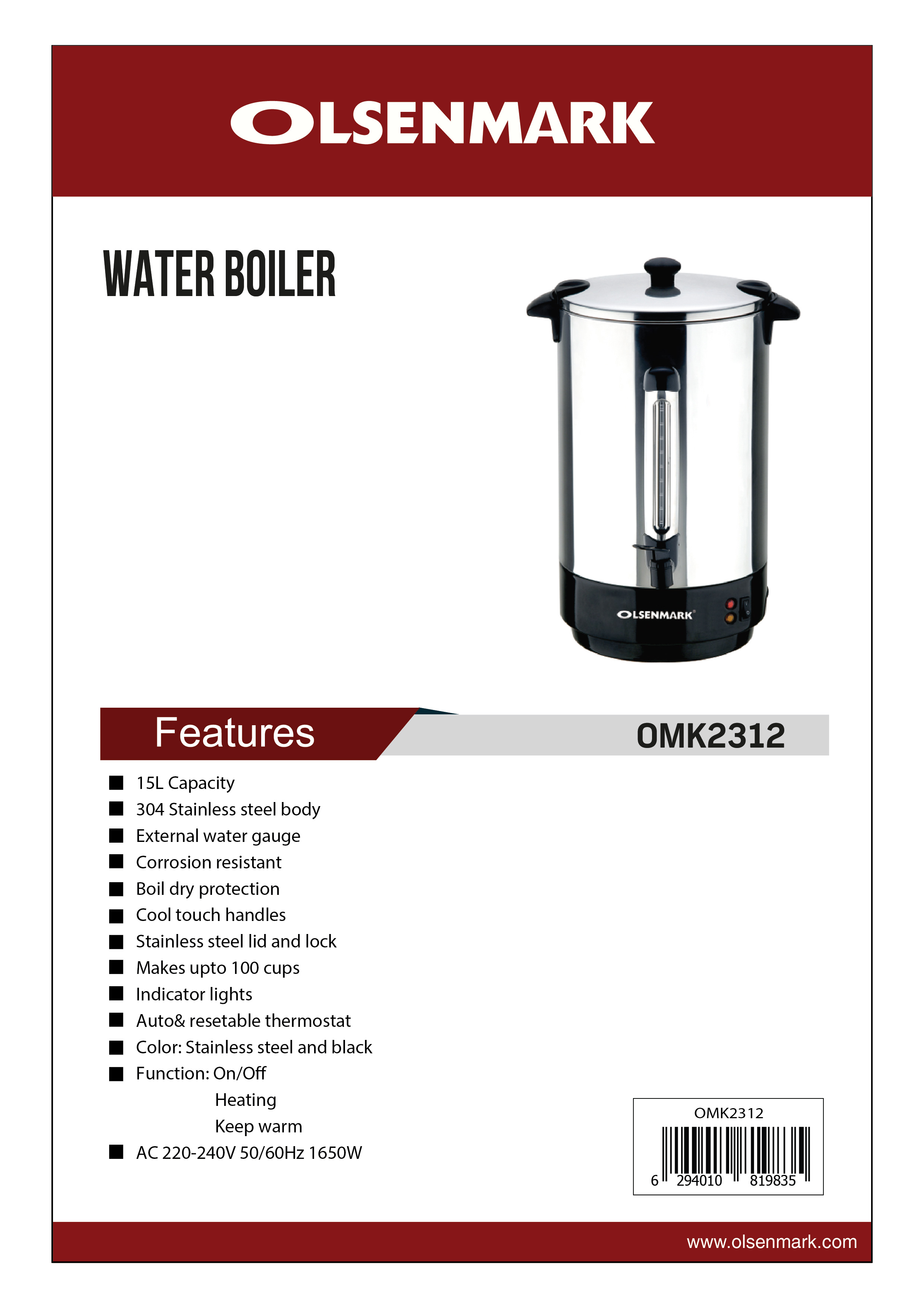 15L Kettle 1650W - Stainless Steel Hot Water Dispenser