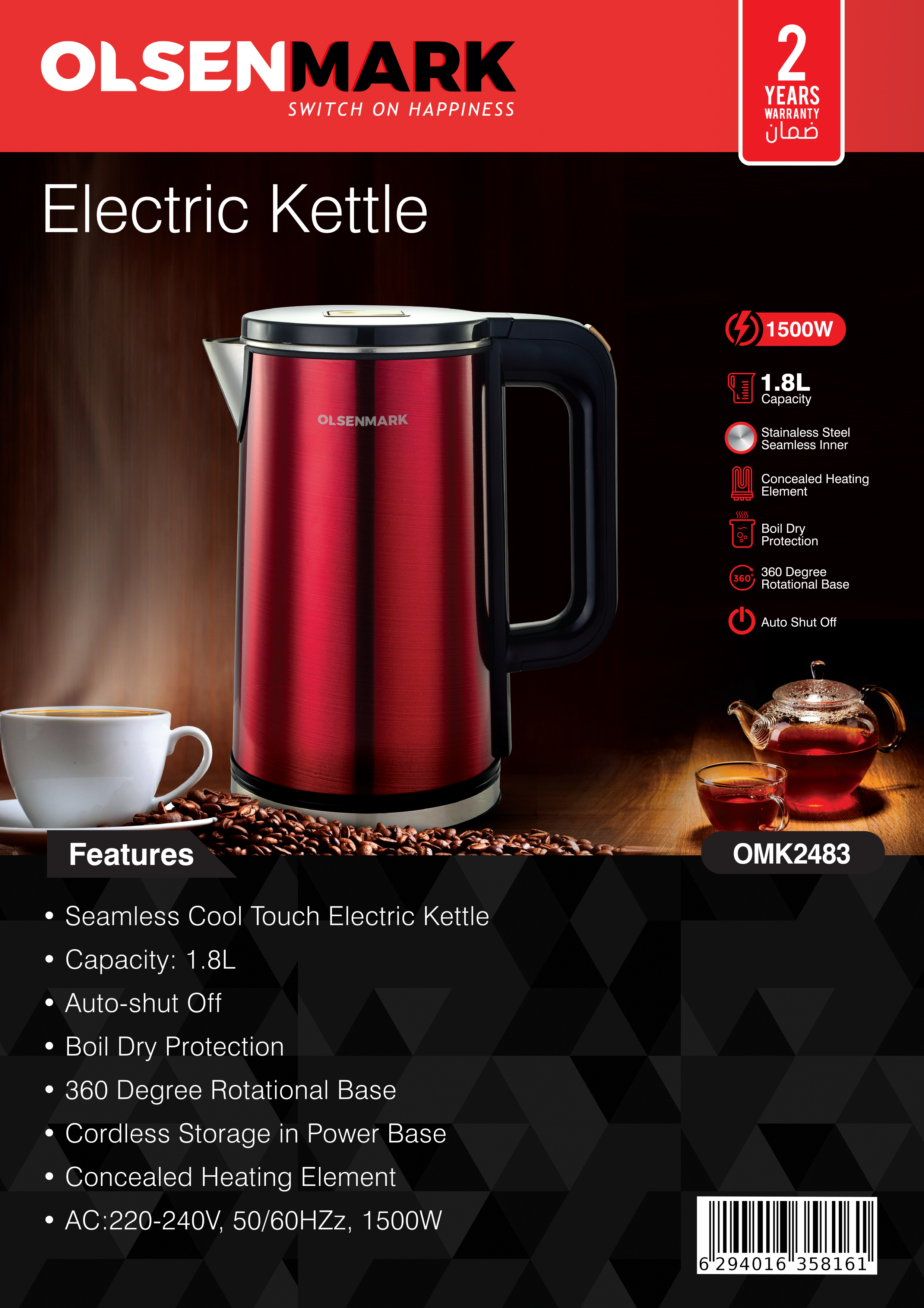 1.8L Cordless Electric Kettle Dry Protection 360 Swivel Base Fast