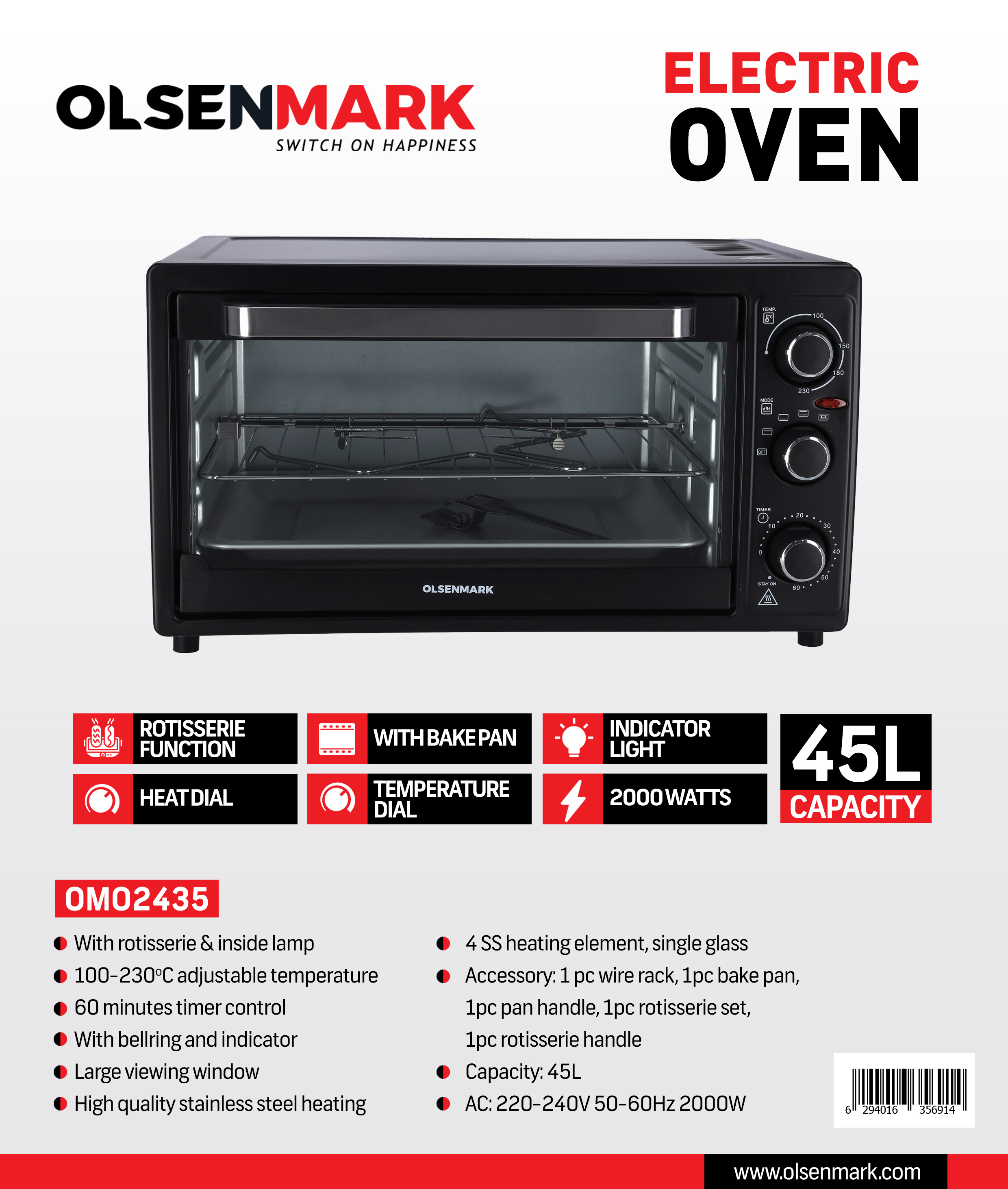 olsenmark electric oven 45l