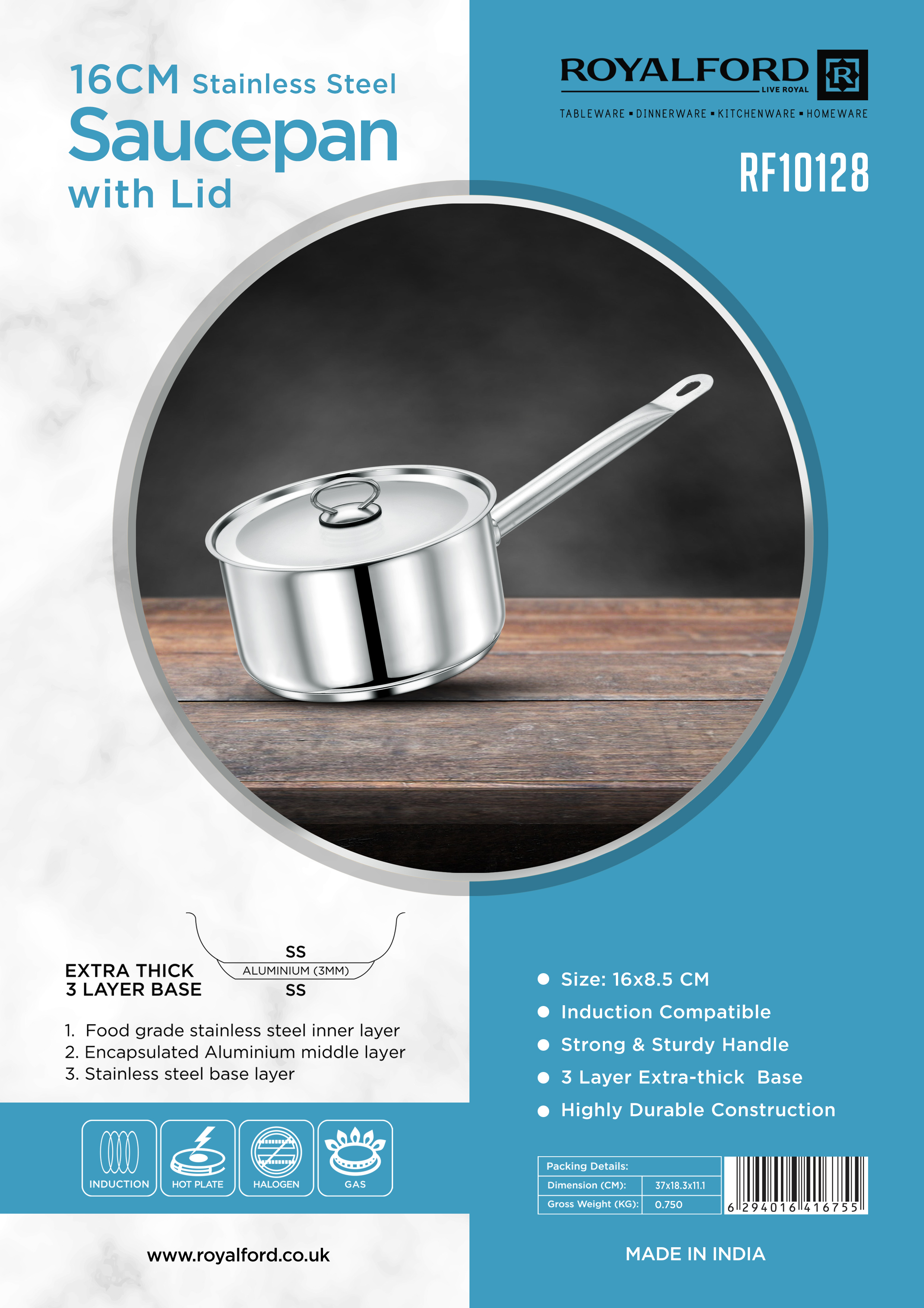 Royal Ford 16cm Stainless Steel Sauce Pan Induction Bottom