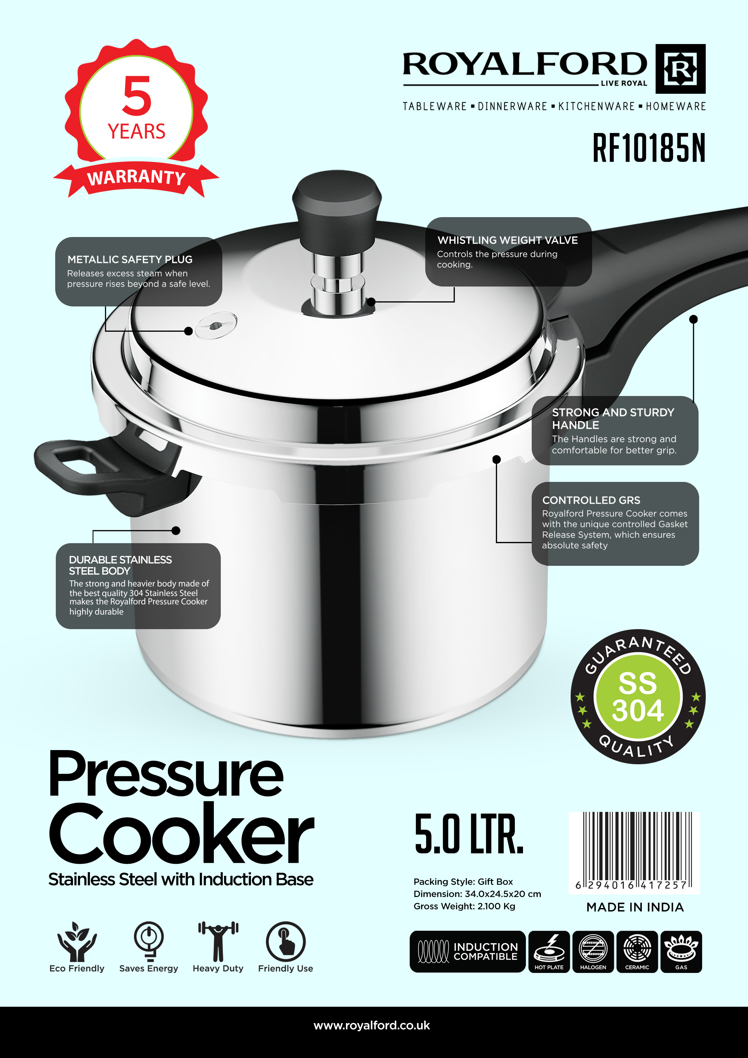 5 Liter Stainless Steel Pressure Cooker RF10185 Metallic Safety Plug Controlled GRS Compatible With Induction Hot Plate Halogen Gas