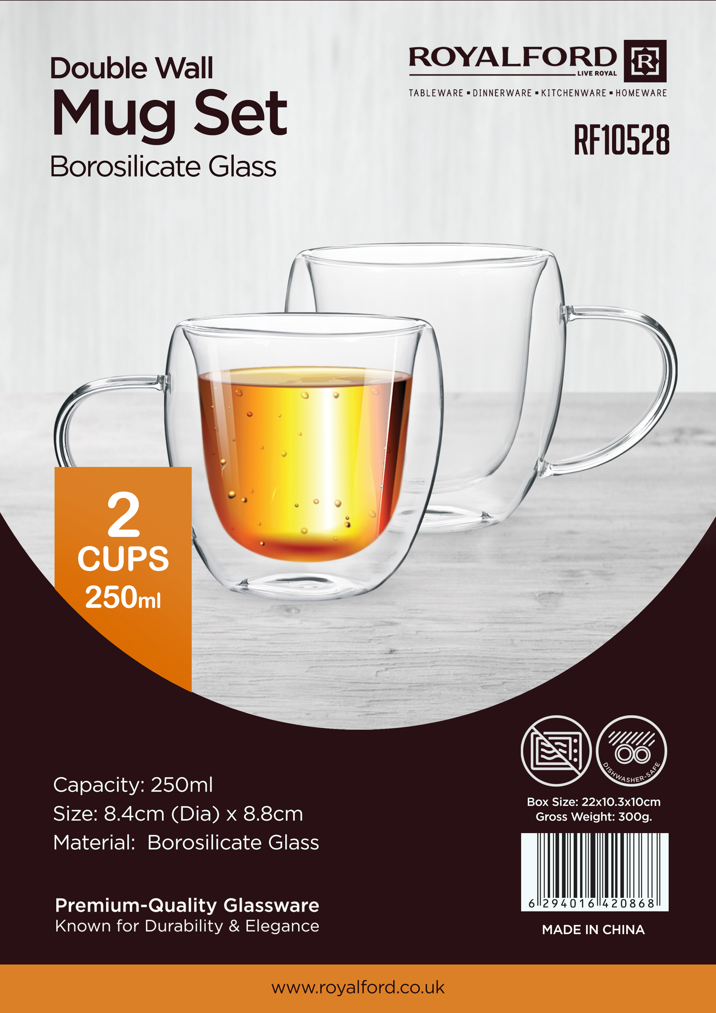 Double Wall Mug Set, 250ml Borosilicate Glass Cup, RF10528