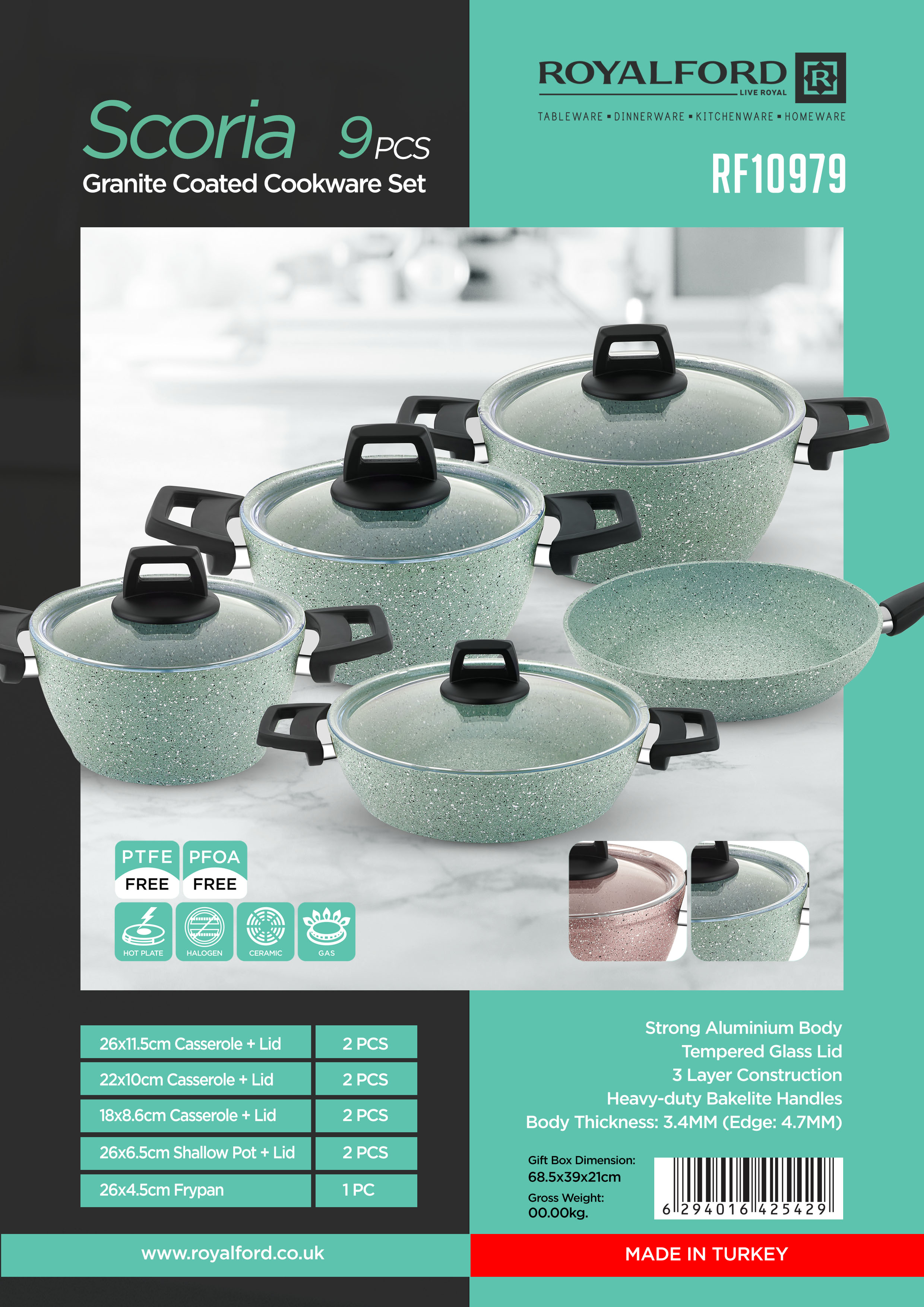 Royal Ford 9Pcs Scoria Granite Coating Cookware Set