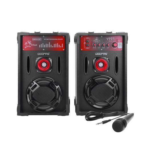 display image 0 for product Geepas GMS8425 6.5" 2 Channel Professional Speakers - Master Volume/Bass/Treble Knob, Wireless Microphone, USD & SD Ports |Ideal for Discos, Singing, Karaoke