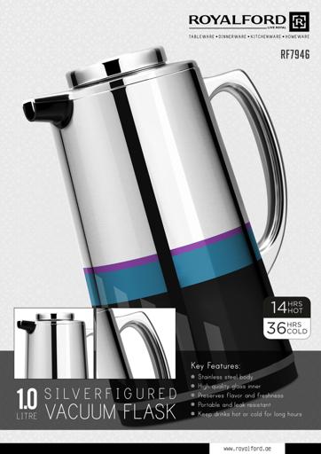 display image 12 for product Royalford 1.0L Silver Vacuum Flask - Stainless Steel Keeping Hot/Cold Long Hour Heat/Cold Retention