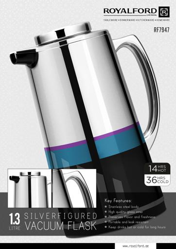 display image 12 for product Royalford 1.3L Silver Vacuum Flask - Stainless Steel Keeping Hot/Cold Long Hour Heat/Cold Retention