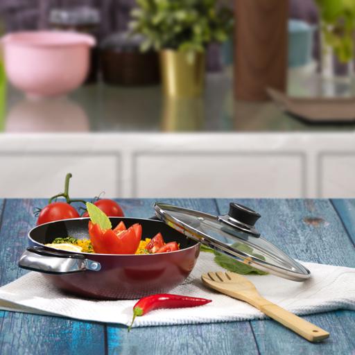 display image 1 for product Royalford Aluminium Wok Pan With Glass Lid, 22 Cm - Induction Safe Frying Pan With Durable Non-Stick