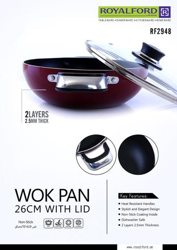 display image 9 for product Royalford Aluminium Wok Pan With Glass Lid, 26 Cm - Induction Safe Frying Pan With Durable Non-Stick