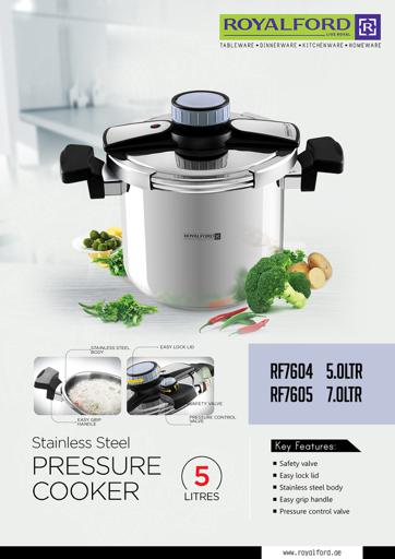 Royalford 5L Stainless Steel Pressure Cooker - Comfortable Handle