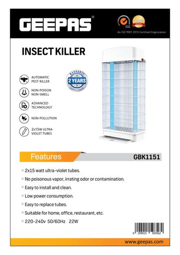 display image 3 for product Insect Killer, 2x15W UV Tubes, GBK1151 | No Poisonous Vapor | No Odor | Low Power Consumption | Replaceable Tubes | Suitable for Home, Office, Restaurant, Etc