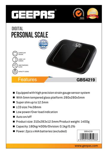 display image 9 for product Digital Personal Scale, Tempered Glass Platform, GBS4219 | Low Power & Overload Indication | LCD Display | Auto On/ Off | 180kg Capacity | 2 Years Warranty
