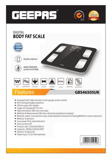 display image 9 for product Digital Body Fat Scale, Tempered Glass Platform, GBS46505UK | LCD Display | ABS Body | Low Power & Overload Indication | Auto On-Off | 180Kg Capacity | 1.5V AAA Batteries
