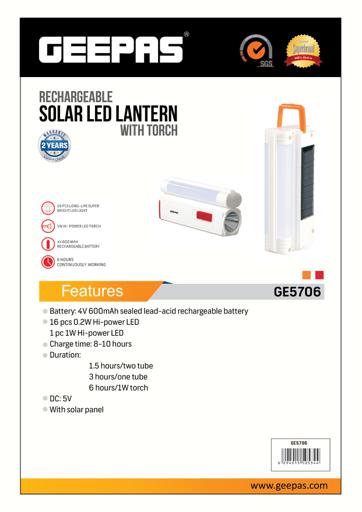 display image 3 for product Geepas 16-Piece Rechargeable Solar Led Emergency Lantern With Torch