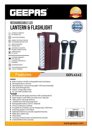 display image 7 for product Geepas Rechargeable LED Lantern & 2Pcs Torch |Emergency Lantern with Light Dimmer Function | 24 Pcs Super Bright LEDs|Ideal for Outings, Trekking, Campaigning and more