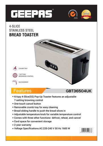 Geepas 4 Slice Bread Toaster - Adjustable 7 Browning Control 4 Slice Pop-Up  Toaster with Removable