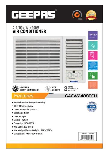 display image 1 for product 2.0 Ton Window Air Conditioner, GACW2488TCU | 24000BTU Washable Filter Wide Airflow Low Noise & Auto Restart with Energy Saving | 3 Speed, Cool/Fan/ Dry Mode