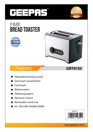 display image 7 for product Geepas 900W 2 Slice Toaster - Stainless Steel Bread Toaster with High Lift Function – Reheat| Defrost Function |Lift & Lock Function, Wide 2 Slots