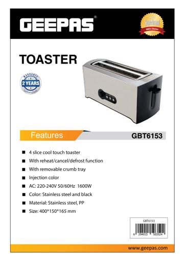 Geepas 4 Slice Bread Toaster - Adjustable 7 Browning Control 4 Slice Pop-Up  Toaster with Removable