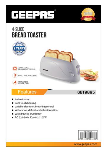 display image 8 for product Geepas 1100W 4 Slices Bread Toaster - Crumb Tray, Cord Storage, 7 Settings with Cancel, Defrost & Reheat Function |Removable crumb tray |2 years’ warranty