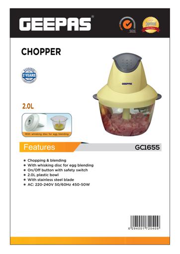 display image 1 for product Geepas 50W Mini Food Processor - 2.0L Food Chopper, 4 Bi-Level Stainless Steel Double Blades