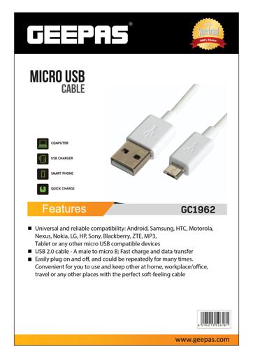 display image 7 for product Geepas Micro USB CABLE - Fast Charging Cable, Ideal for Samsung LG, Motorola, HTC, Nokia, Lexus, Huawei, Sony, GoPro & More | Fast charging & data Sharing