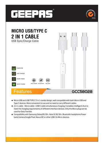 display image 6 for product Geepas Micro Usb/Type-C - Fast Charging Cable, Ideal for Pc, Mobile, Smart Watch, GoPro & More | Perfect for Fast charging & Data Sharing