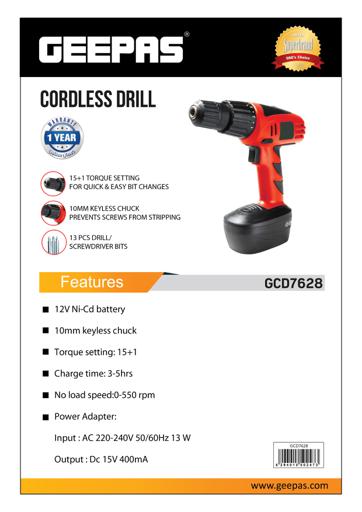 display image 8 for product Geepas 12V Cordless Percussion Drill - Hammer Function, Screwdriver with 13 Pcs Drill, 15+1 Torque Setting | No Speed Load 0-550RPM | 1 Year Warranty