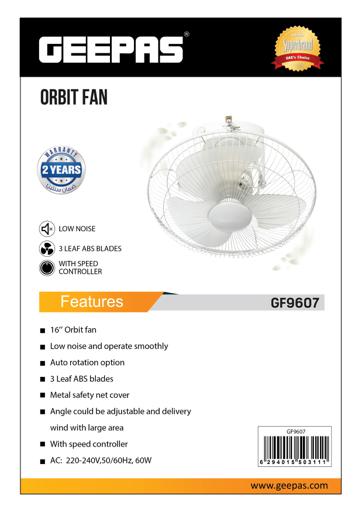 display image 5 for product Geepas 16" Orbit Fan - Wide Oscilation, Speed Controller with 3 Leaf ABS Blades with Metal Grill | Ideal for Office, Bedroom, Study Room, Living Room & more